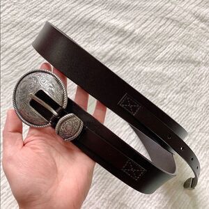 Vintage Style Genuine leather Belt with Floral Engraved Pattern Buckle